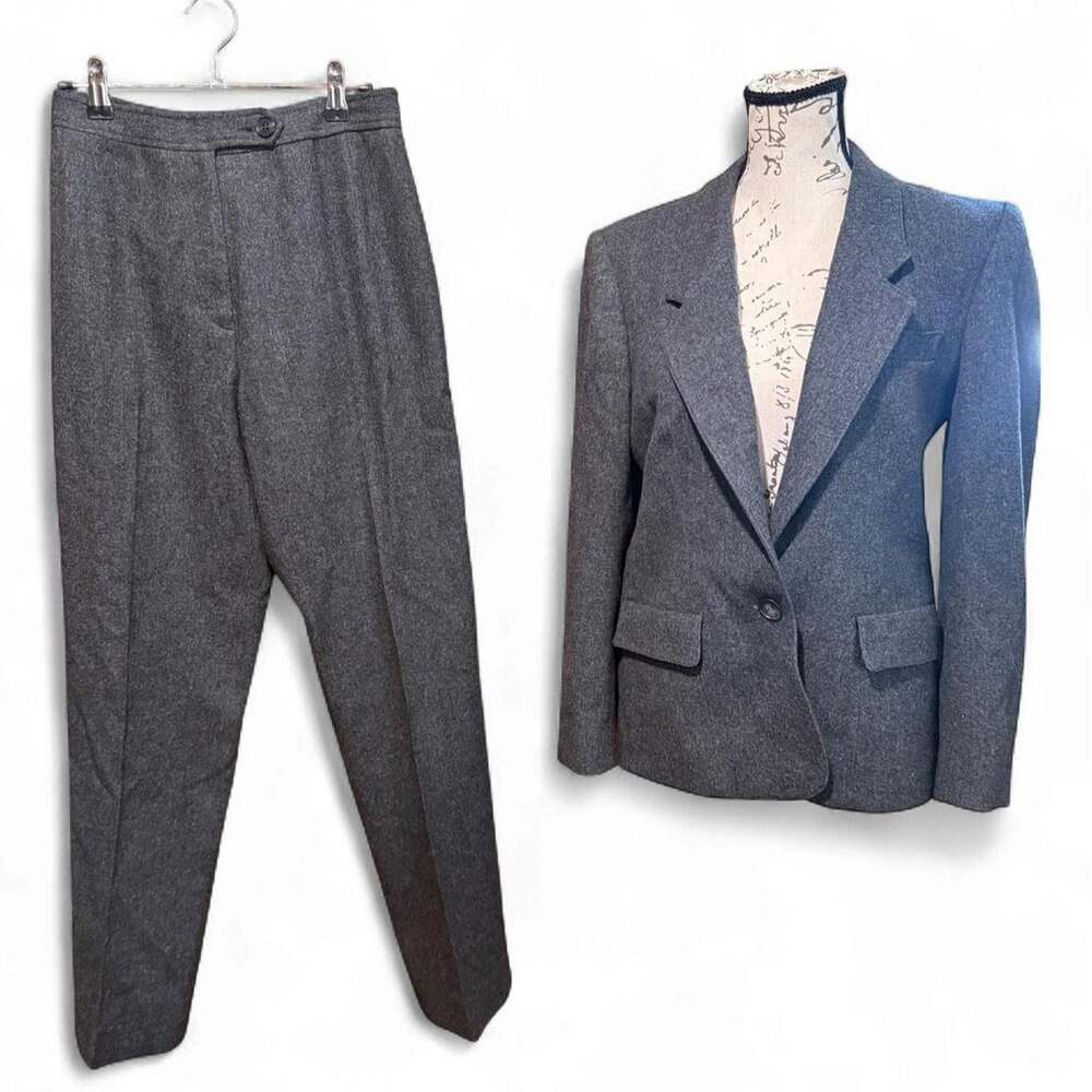Vintage 80s Evan Picone Pure Wool Suit Set Gray Union Made USA Dark Academia